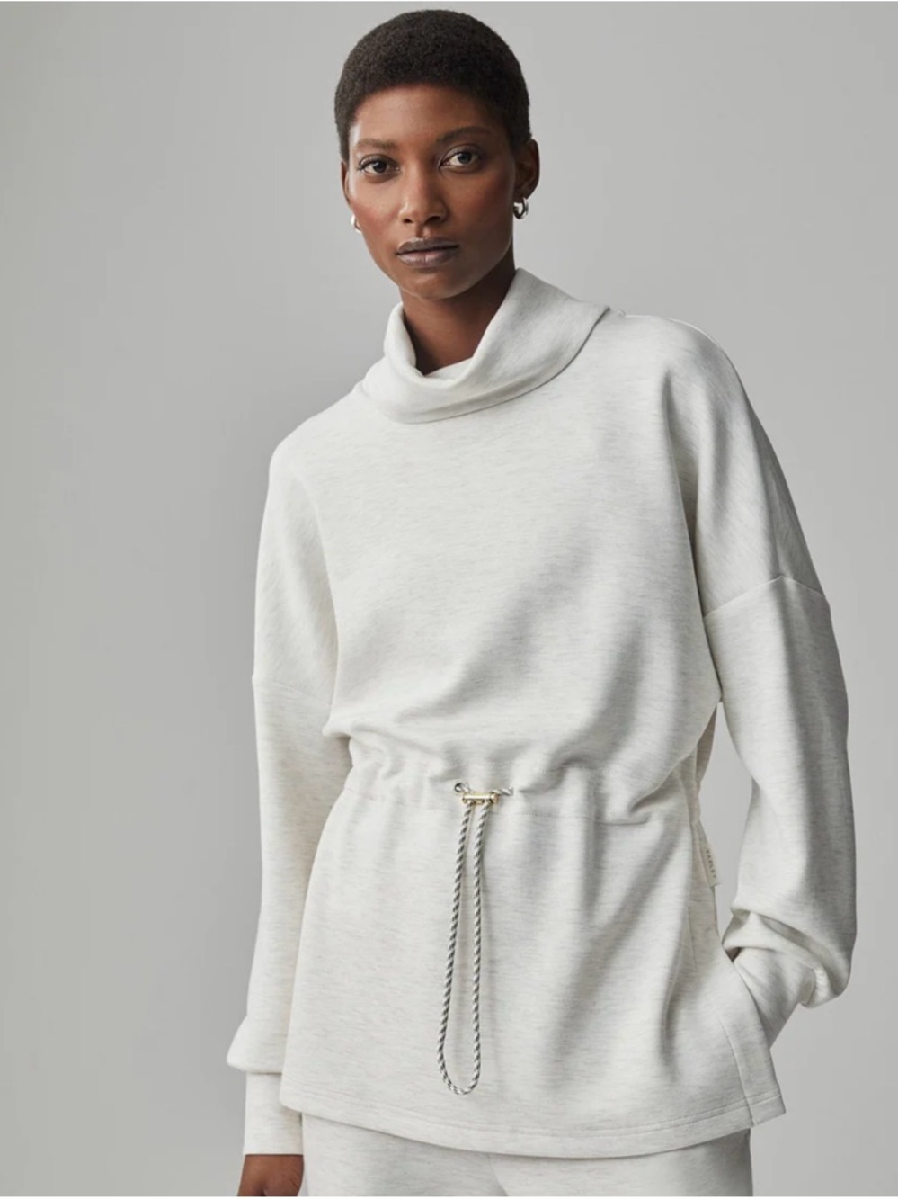Varley Freya Sweatshirt High Neck Cinch Waist Ivory Marl Size XS